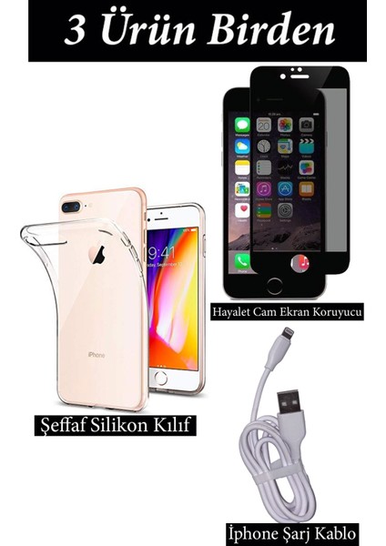 Apple iPhone 7 Plus Hayalet Ekran Koruyucu, Şeffaf Kılıf ve Şarj Kablosu Seti | 3'lü Koruma Paketi