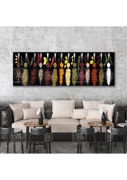 Kaşık Üzerindeki Baharatlar Mutfak Restaurant Dekor Panoramik Yatay Kanvas Tablo