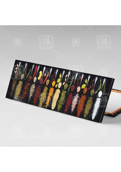 Kaşık Üzerindeki Baharatlar Mutfak Restaurant Dekor Panoramik Yatay Kanvas Tablo fiyatları