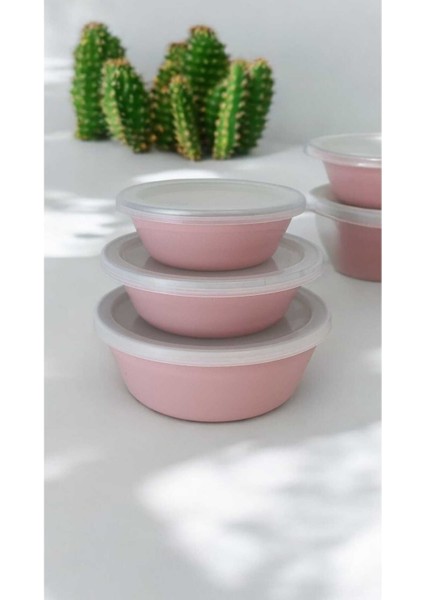Emaye Kase Takımı Kapaklı 3 Lü Pembe Saklama Kabı