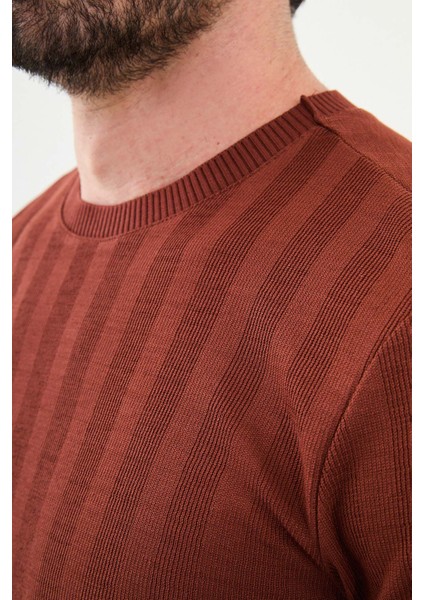 Desenli Kiremit Rengi Slim Fit Bisiklet Yaka Uzun Kollu Erkek T-Shirt fiyatları