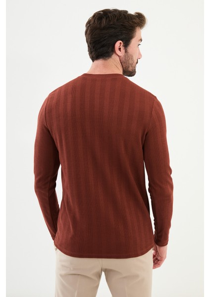 Desenli Kiremit Rengi Slim Fit Bisiklet Yaka Uzun Kollu Erkek T-Shirt modelleri