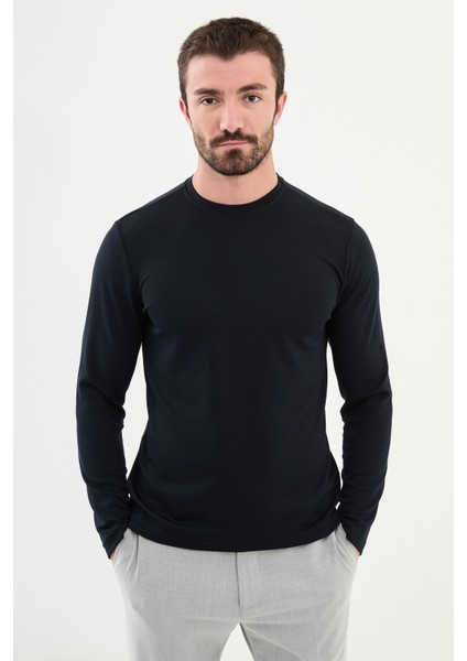 Düz Lacivert Slim Fit Bisiklet Yaka Uzun Kollu Erkek T-Shirt