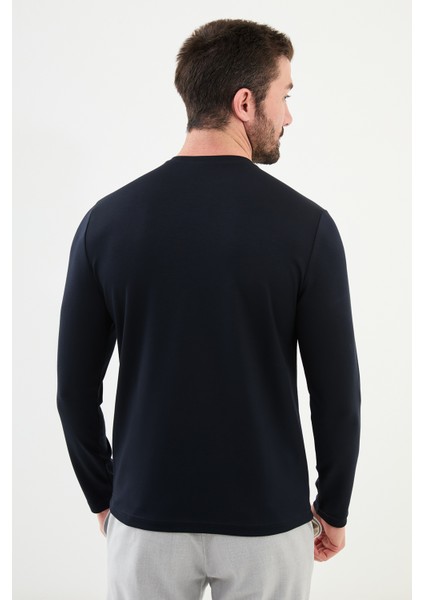 Düz Lacivert Slim Fit Bisiklet Yaka Uzun Kollu Erkek T-Shirt modelleri