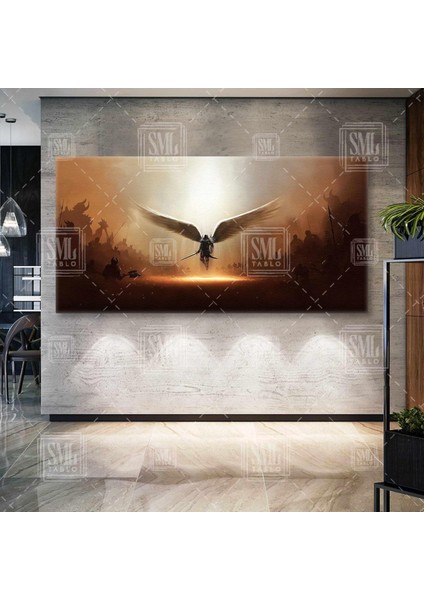 Kanatlarını Açmış Şehre Inen Archangel Michael Kurtarıcı Melek Oyun Game Enine Yatay Kanvas Tablo