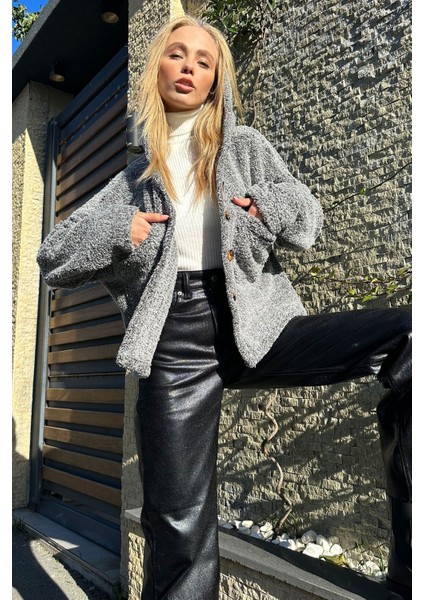 Kadın Kapüşonlu Çift Cepli Peluş Mont modelleri