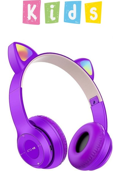 Unisex Premium Kids Serisi Işıklı Kedi Kulaklık Kablosuz Bluetooth Kedili Çocuklar Için Kulaklık P47M Rgb Cat Kulaklık