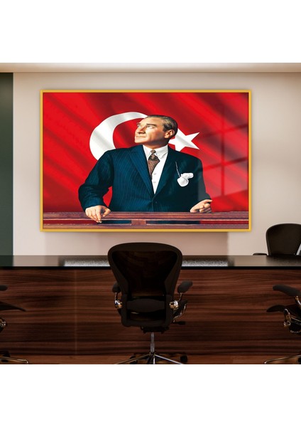 Metal Çerçeveli Yatay Cam Ofis Duvar Tablosu Atatürk Portresi