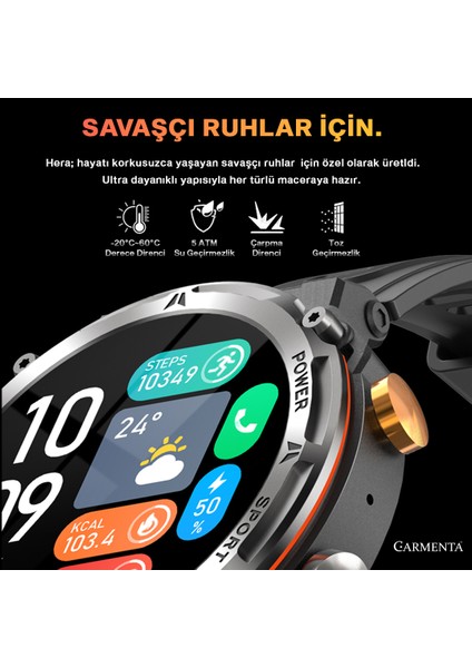 Hera Askeri Dayanıklı Akıllı Saat - Yapay Zeka Destekli, Nabız Ölçen 410 Mah 5 Atm Su Geçirmez Akıllı Saat -  46 mm