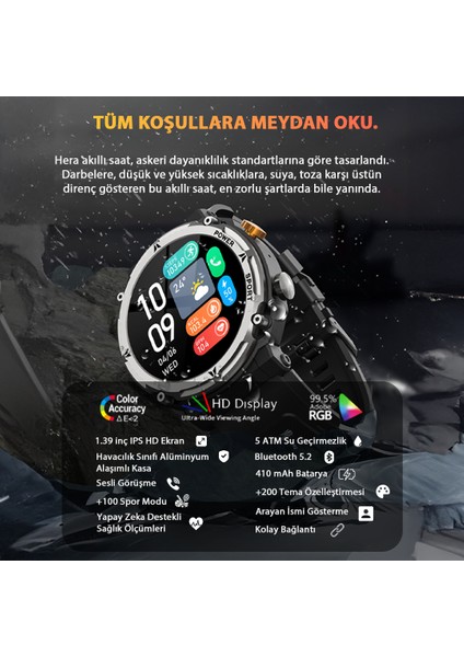 Hera Askeri Dayanıklı Akıllı Saat - Yapay Zeka Destekli, Nabız Ölçen 410 Mah 5 Atm Su Geçirmez Akıllı Saat -  46 mm