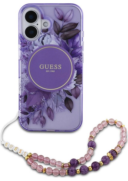 Apple iPhone 16 Plus Kılıf Guess Orjinal Lisanslı Magsafe Özellikli Iml Baskılı Çiçek Inci Bileklikli Mor