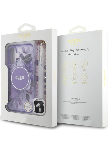 Apple iPhone 16 Plus Kılıf Guess Orjinal Lisanslı Magsafe Özellikli Iml Baskılı Çiçek Inci Bileklikli Mor
