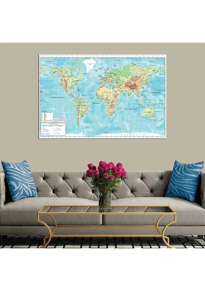 Dekoratif Baskı Dünya Haritası Kanvas Tablo