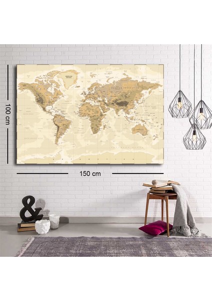 Detaytlı Renkli Dünya Haritası Kanvas Tablo
