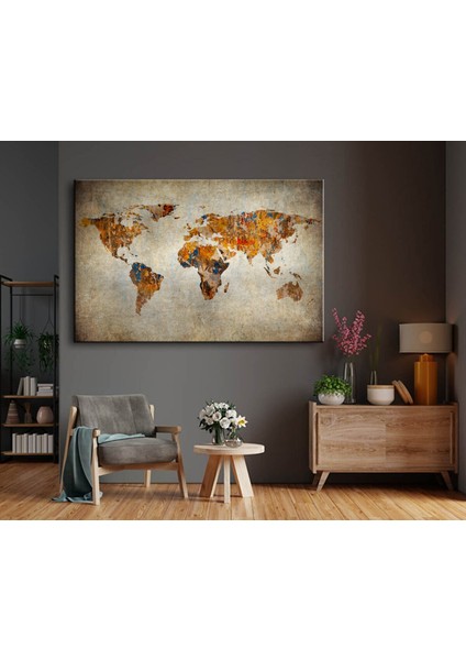 Dekoratif Renkli Dünya Haritası Kanvas Tablo