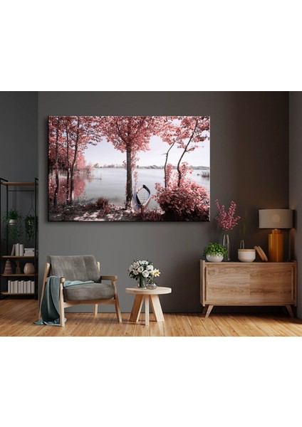 Dekoratif Pembe Çiçekler Arasında Kayık Kanvas Tablo