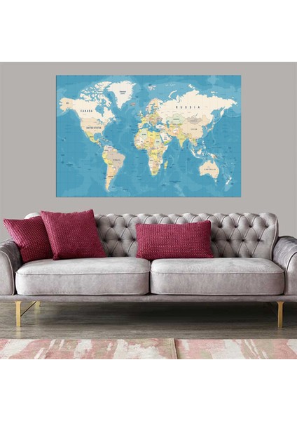 Dekoratif Baskı Dünya Haritası Kanvas Tablo