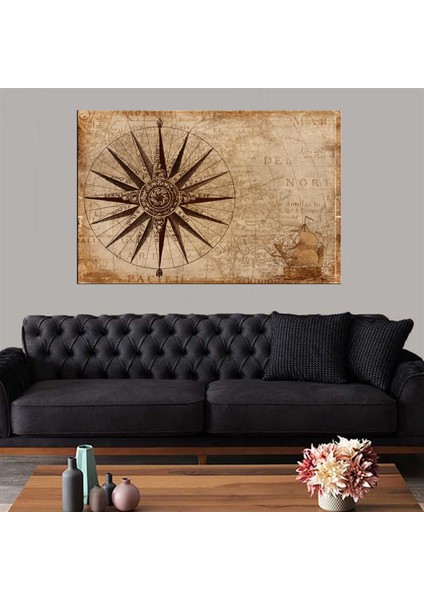 Dekoratif Baskı Pusula Harita Kanvas Tablo