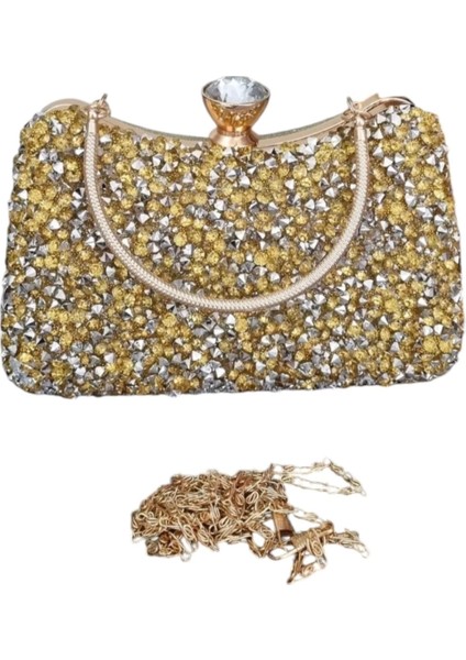 Belinda Gold Kristal Taş Kapama Clutch Abiye Portföy Çanta