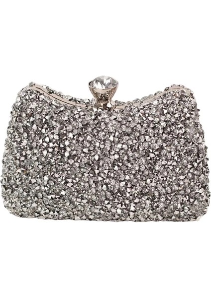 Belinda Gümüş Kristal Taş Kapama Clutch Abiye Portföy Çanta