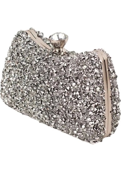Belinda Gümüş Kristal Taş Kapama Clutch Abiye Portföy Çanta