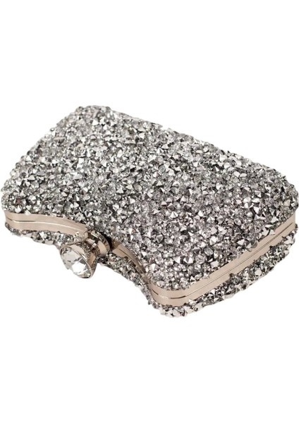 Belinda Gümüş Kristal Taş Kapama Clutch Abiye Portföy Çanta