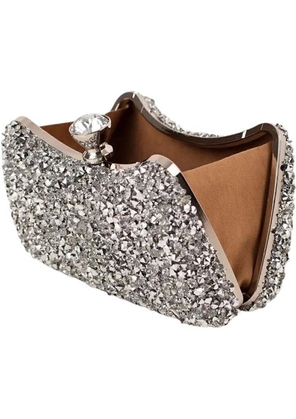 Belinda Gümüş Kristal Taş Kapama Clutch Abiye Portföy Çanta