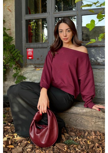 Bordo Kayık Yaka Kadın Sweatshirt MG2208