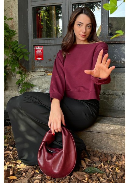 Bordo Kayık Yaka Kadın Sweatshirt MG2208 fiyatları