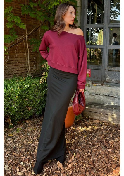 Bordo Kayık Yaka Kadın Sweatshirt MG2208 modelleri