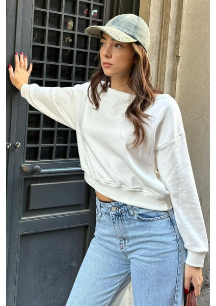 Ekru Kayık Yaka Kadın Sweatshirt MG2208 fiyatları