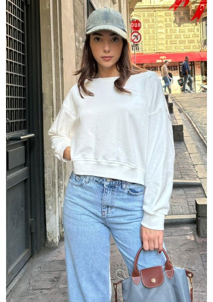 Ekru Kayık Yaka Kadın Sweatshirt MG2208 fırsatları