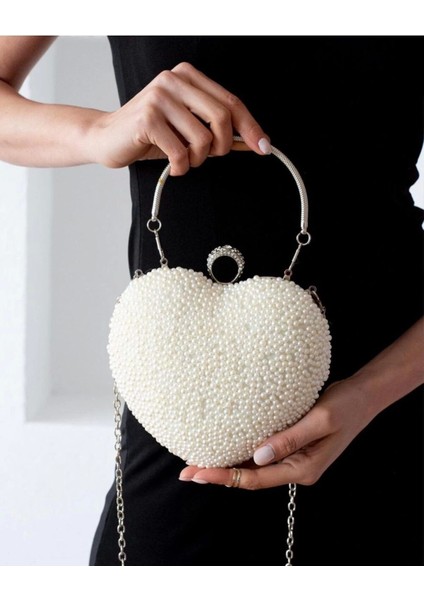 Cara Beyaz Boncuklu Yüzük Kapamalı Clutch Abiye Portföy Çanta