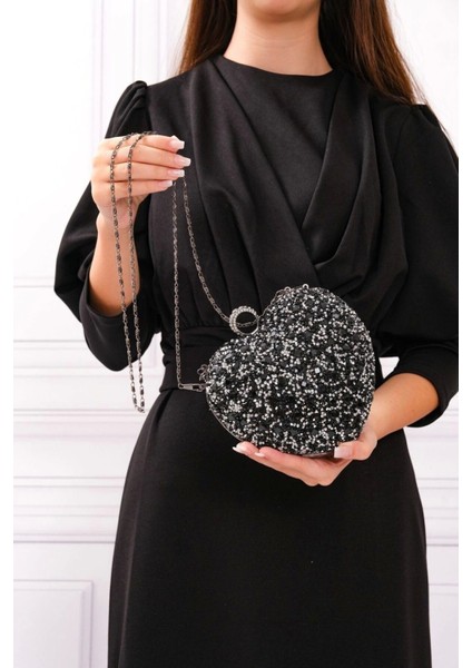Cara Siyah-Gümüş Taşlı Yüzük Kapamalı Clutch Abiye Portföy Çanta