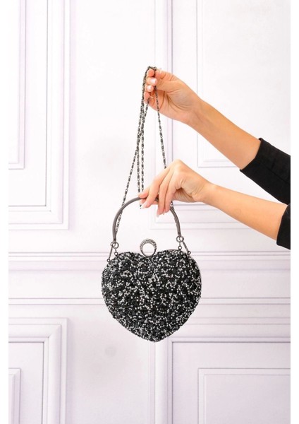 Cara Siyah-Gümüş Taşlı Yüzük Kapamalı Clutch Abiye Portföy Çanta