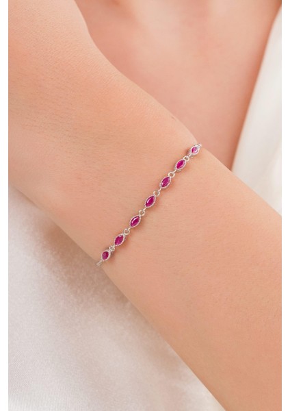 Gümüş Koyu Pembe Zirkon Taşlı Mekik Pırlanta Modeli Su Yolu Bileklik