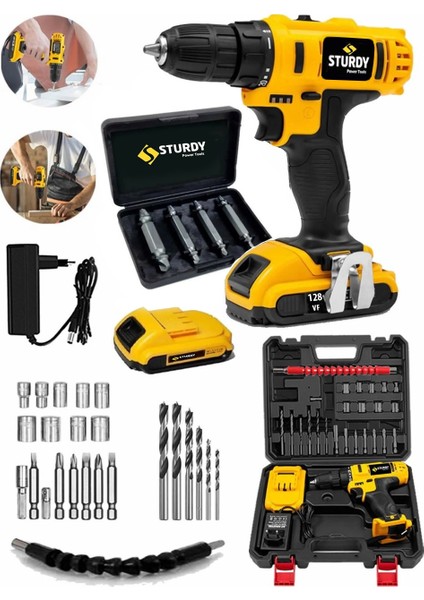 128VF 12mAH Lion Çift Akülü Darbeli Turbo Şarjlı vidalama Matkap 27 Parca Setli + Bozulmuş Vida Sökme Setli