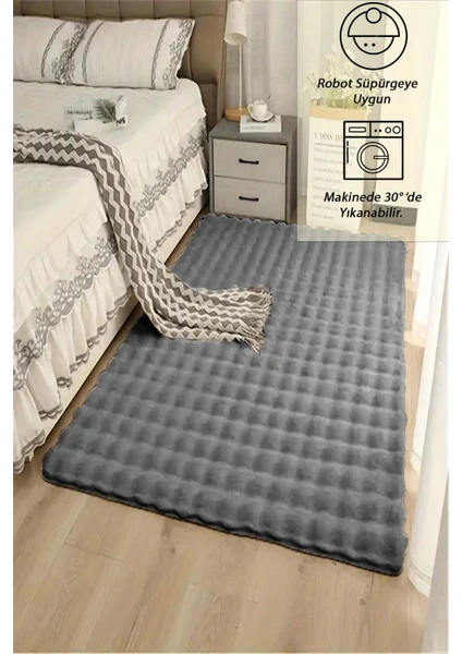 Raschel Carpet Koyu Gri Yıkanabilir Yumuşak Bubble Kaymaz Özel Taban Peluş Halı Yolluk