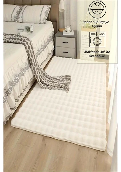 Raschel Carpet Krem Yıkanabilir Yumuşak Bubble Kaymaz Özel Taban Peluş Halı Yolluk