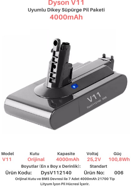 Dyson V11 4000MAH Uyumlu Batarya Dikey Süpürge Pili DYSV112140