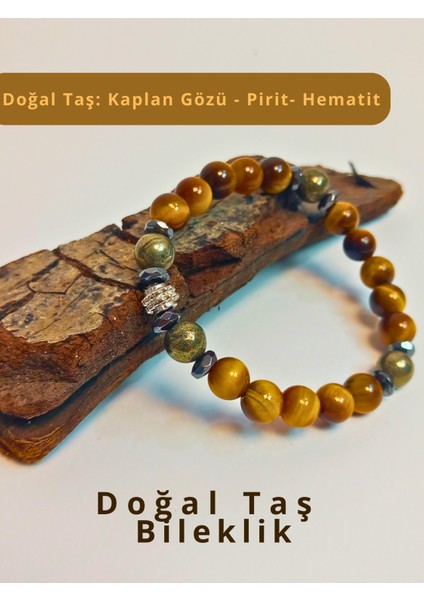 Kaplan Gözü, Pirit Doğal Taş Esnek Bileklik - 8mm - Pozitif Enerji Bilekliği - Kaplangözü Kıymetli Doğal Taş Bileklik - Hediye Bileklik