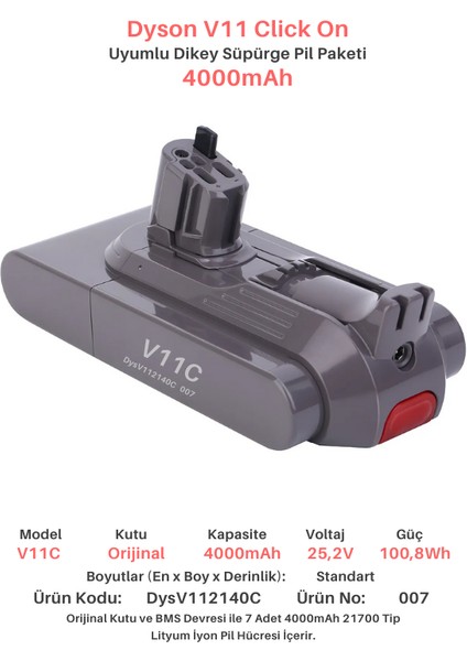 Dyson V11 Butonlu Kutu 4000MAH Uyumlu Batarya Dikey Süpürge Pili DYSV112140C