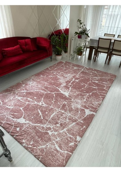 Pembe Mermer Model Ipek Kadife Lastikli Halı Örtüsü 4m2-160x230