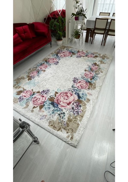 Güllü Model Lastikli Kadife Halı Örtüsü 9m2-250x350