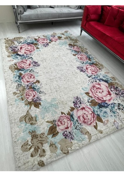 Güllü Model Lastikli Kadife Halı Örtüsü 9m2-250x350