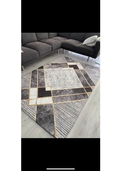 Siyah Gri Gold Şerit Model Lastikli Kadife Halı Örtüsü 6m2-200x300