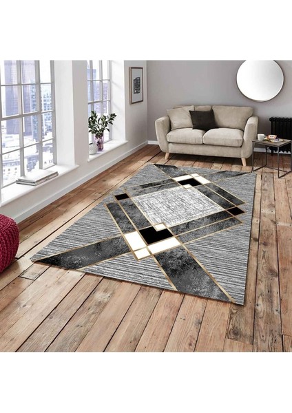 Siyah Gri Gold Şerit Model Lastikli Kadife Halı Örtüsü 6m2-200x300