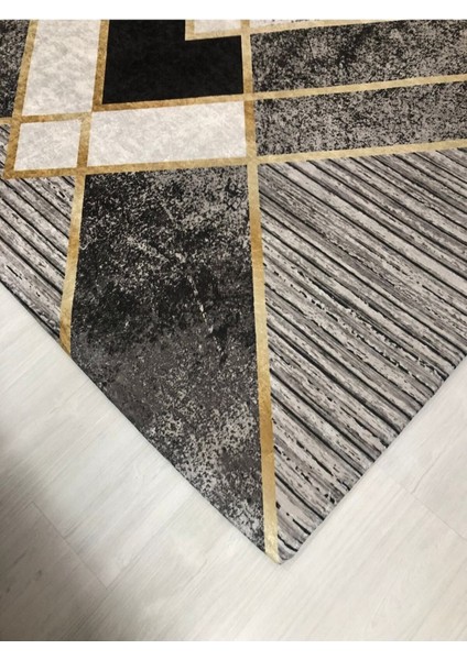 Siyah Gri Gold Şerit Model Lastikli Kadife Halı Örtüsü 6m2-200x300