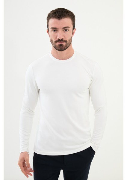 Düz Ekru Slim Fit Bisiklet Yaka Uzun Kollu Erkek T-Shirt