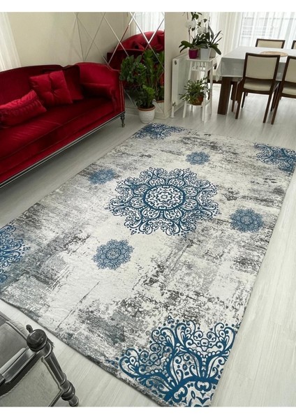 Mavi Padişah Model Ipek Kadife Lastikli Halı Örtüsü 4m2-160x230